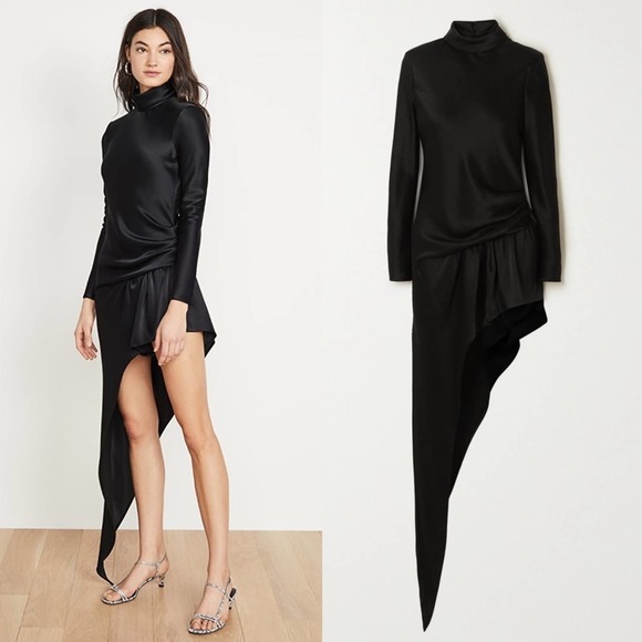 Alexander Wang Asymmetric Gathered Satin Dress in Black - Picture 3 of 13